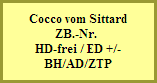 Cocco vom Sittard
ZB.-Nr. 
HD-frei / ED +/-
BH/AD/ZTP
